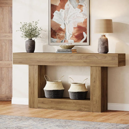 Tribe signs 63" Console Table, Farmhouse 2-Tier Entryway Table with U-Shaped Base, Narrow.