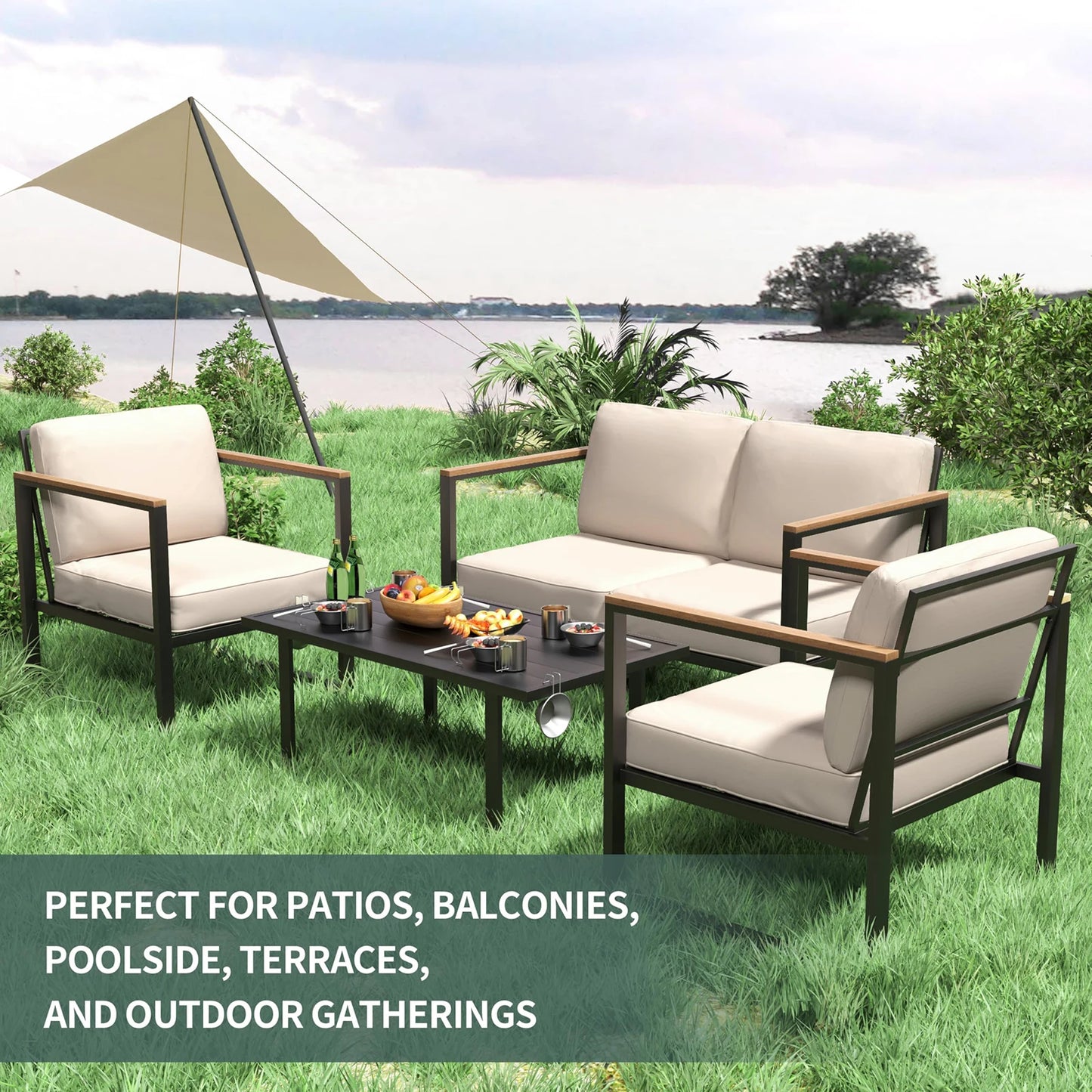 4-Piece Outdoor Patio Set, Metal, Sofa with Washable Cushions, 2 Chairs & Coffee Table