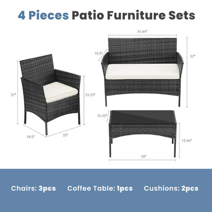 4 Piece Outdoor Patio Furniture Set with Soft Cushion, Glass Table Manual Weaving Wicker Rattan.