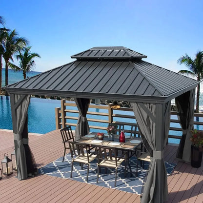 10' x 12' Steel Double Roof Outdoor Pavilion with Curtains and Netting for Backyard.