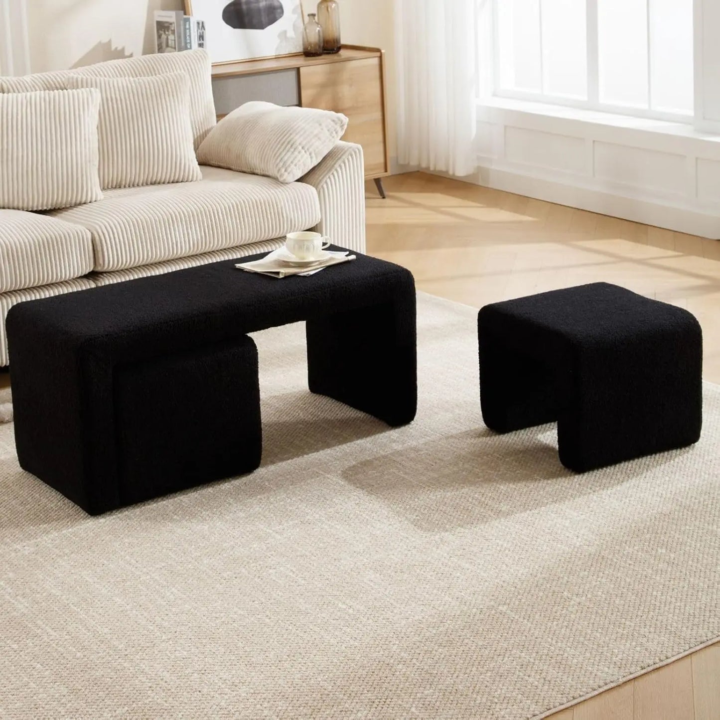 40.5" Wide Upholstered End of Bed Bench with 2 Small Stools Sherpa Comfy Entry Bench Vanity Stools.
