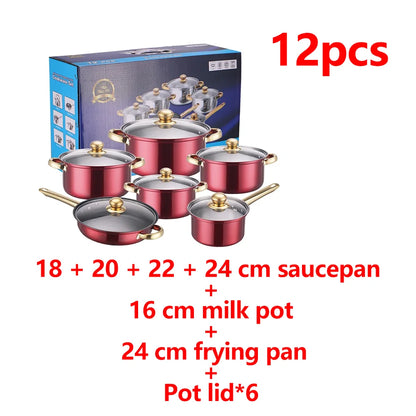 12Pcs/Set Stainless Steel Red Cookware Set Non-Stick Pans.