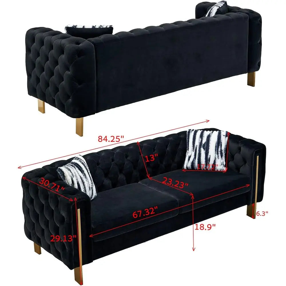 84-Inch High-Arm Upholstered Sofa with 2 Pillows and Metal Legs for Living Spaces in Black