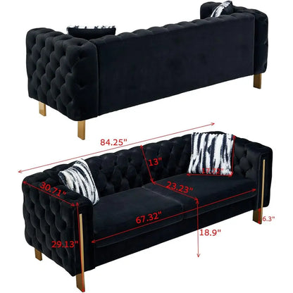 84-Inch High-Arm Upholstered Sofa with 2 Pillows and Metal Legs for Living Spaces in Black