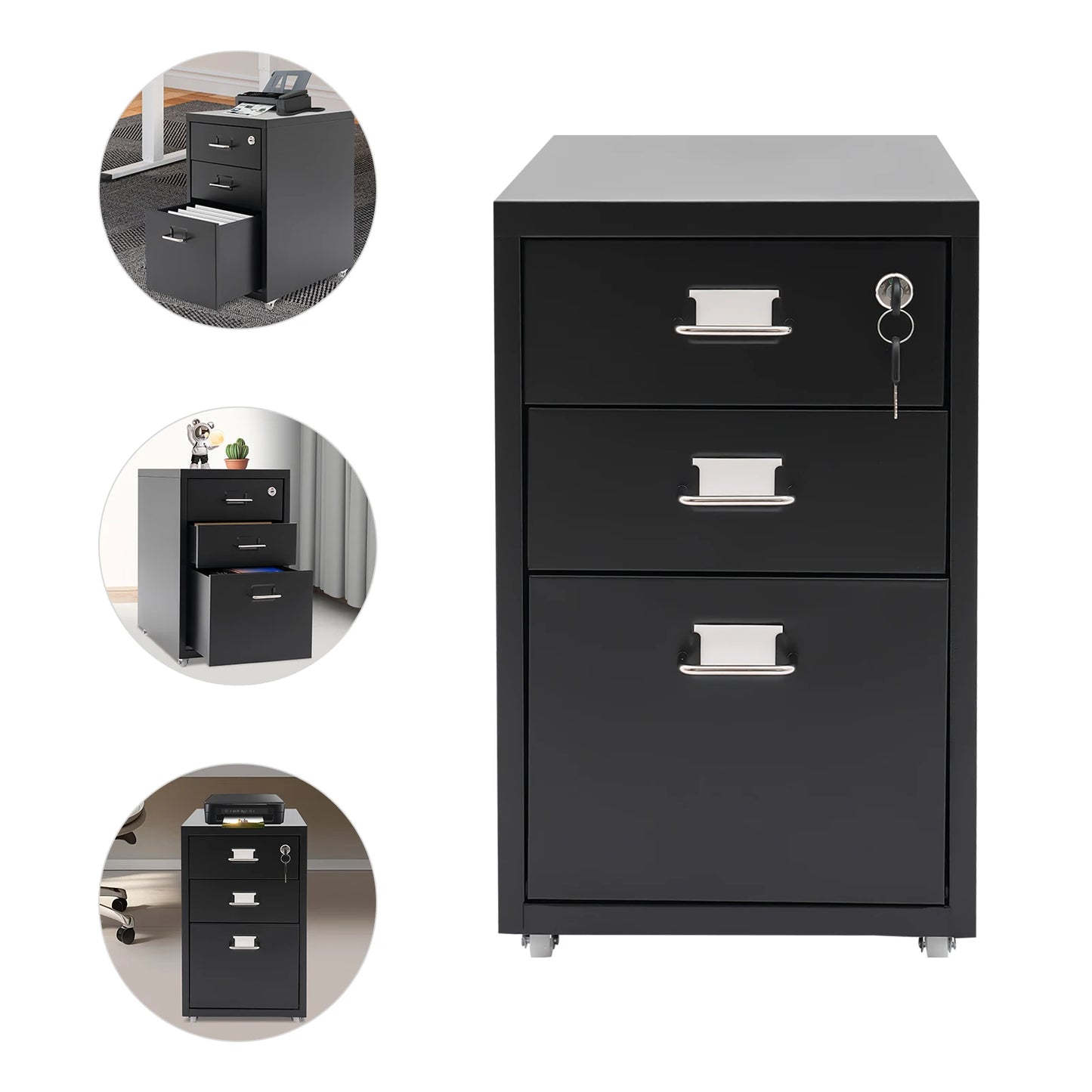 3 Tiers Rectangular Steel Vertical File Cabinet, Metal Mobile File Cabinet with Lock for Office, Study.