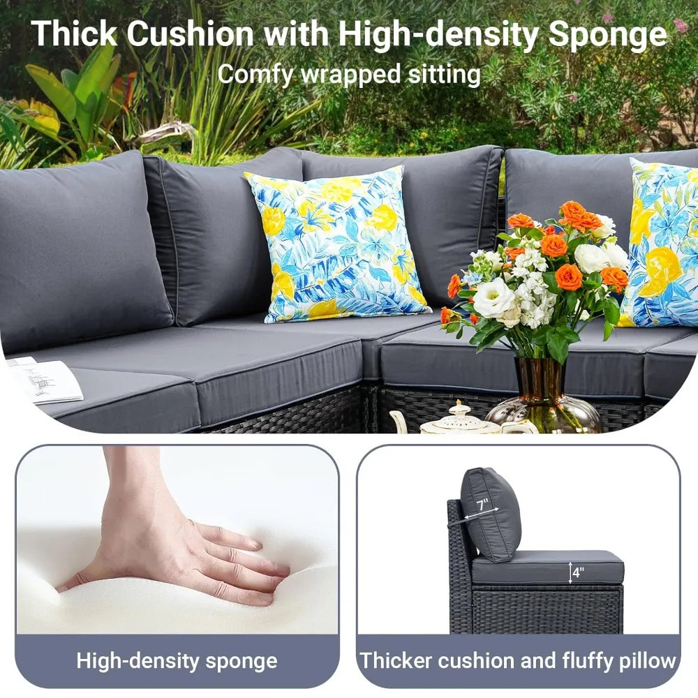 5-Piece Patio Furniture Set, All-Weather Outdoor Wicker Sectional Sofa with Cushions, Tempered Glass Table.