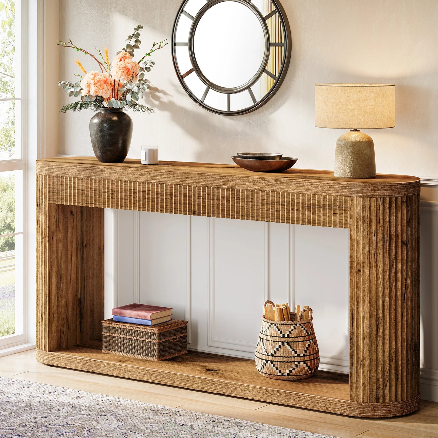 63" Fluted Console Table for Entryway, Narrow Sofa Table Behind Couch