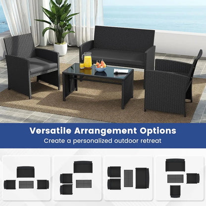 4 Pieces Patio Wicker Furniture Set, Rattan Cushioned Chairs, Loveseat and Tempered Glass Coffee.