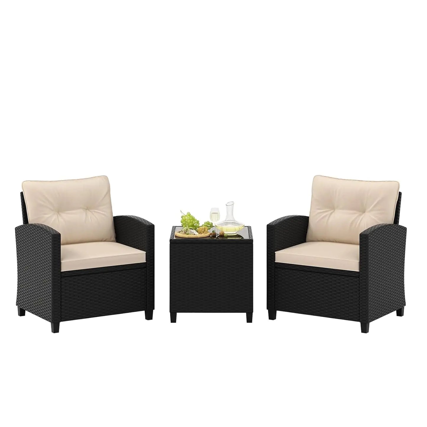 3 Pieces Patio Furniture Set, PE Rattan Wicker Outdoor Sofa Set w/Washable Cushion and Tempered Glass.