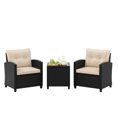 3 Pieces Patio Furniture Set, PE Rattan Wicker Outdoor Sofa Set w/Washable Cushion and Tempered Glass.