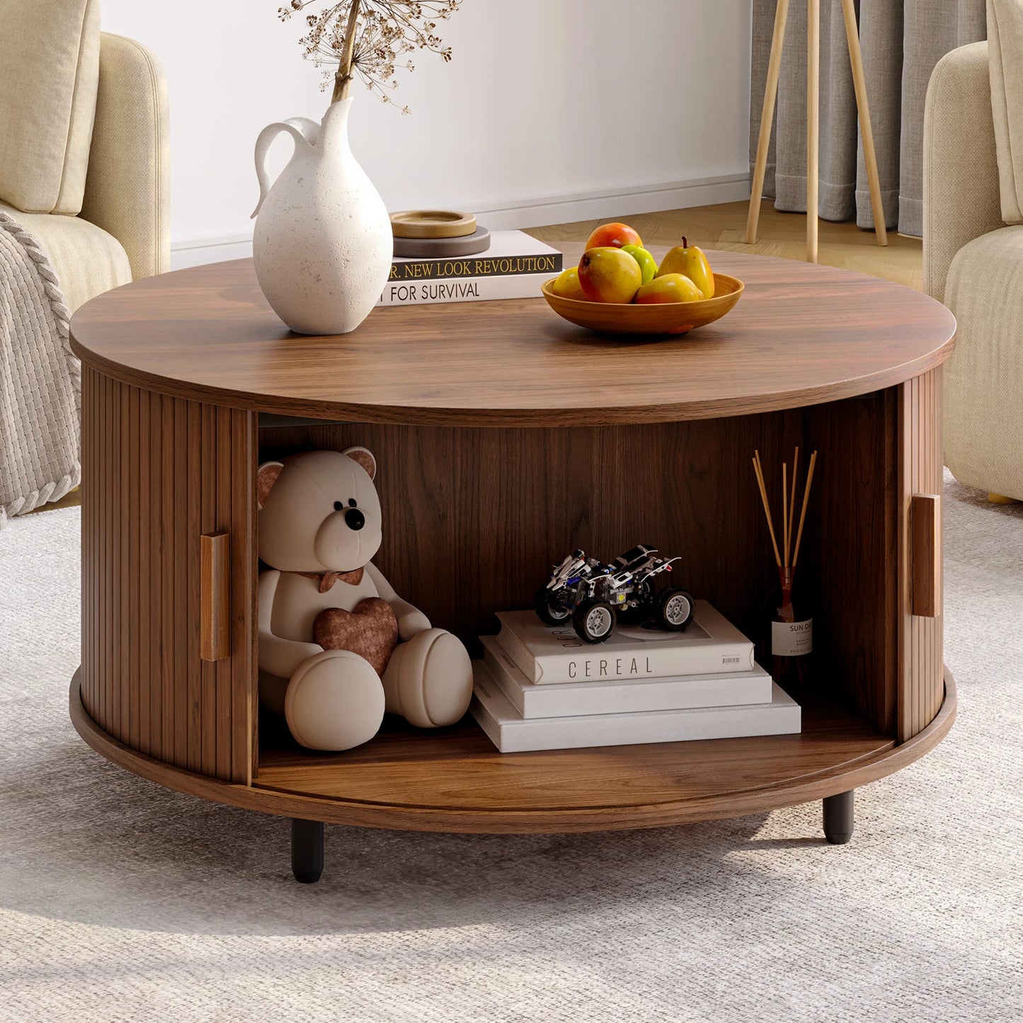 Round Coffee Table with Storage,31.5" 360° Curved Sliding Door, Fluted Wood Accent Coffee Table