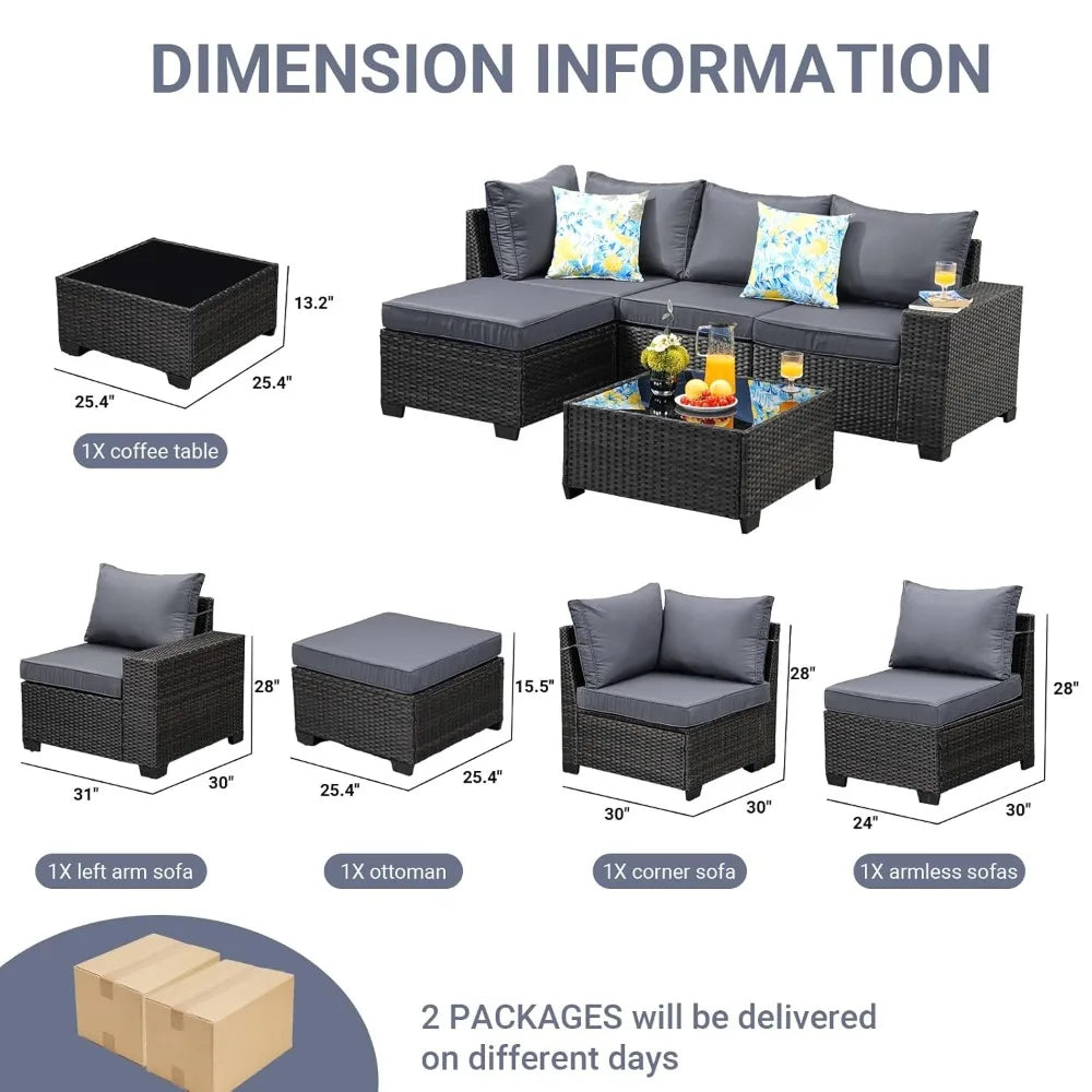 5-Piece Patio Furniture Set, All-Weather Outdoor Wicker Sectional Sofa with Cushions, Tempered Glass Table.