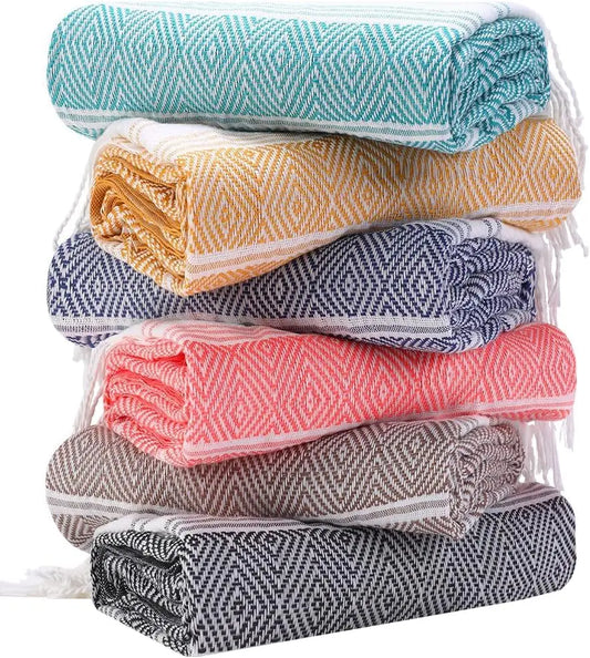 6-Pack Oversized Cotton Turkish Beach Towels, 74x38 Inches, Quick-Dry & Sand-Free.