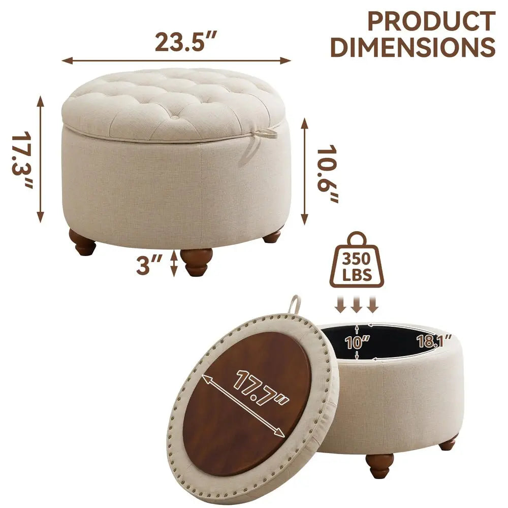 Round Storage Ottoman with Tray, Modern Tufted Fabric Circle Coffee Table with Storage, Removable Top.