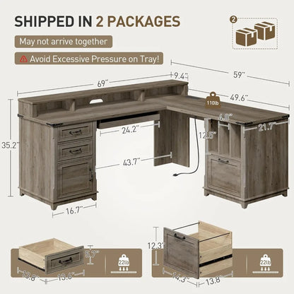 L-Shaped Corner Office Computer Desk with Charging Station, Monitor Stand, Drawers & Storage Cabinet.