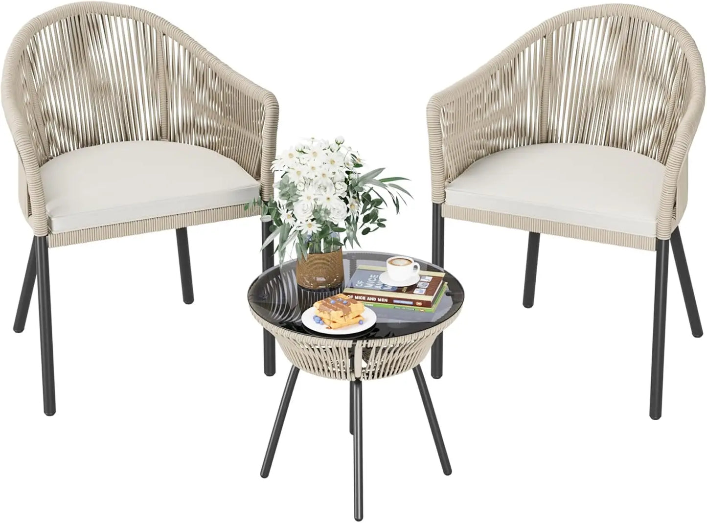 Patio Furniture Set 3 Pcs Rope Woven Bistro Set Outdoor Set, 2 Wide Chairs, Cushions & Tempered Glass Table