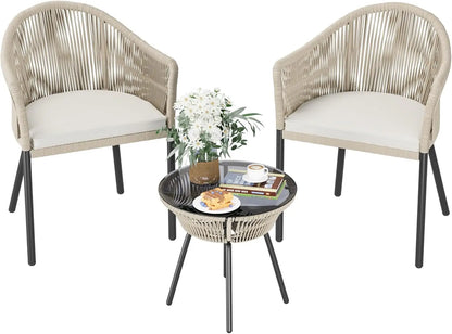 Patio Furniture Set 3 Pcs Rope Woven Bistro Set Outdoor Set, 2 Wide Chairs, Cushions & Tempered Glass Table