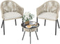 Patio Furniture Set 3 Pcs Rope Woven Bistro Set Outdoor Set, 2 Wide Chairs, Cushions & Tempered Glass Table