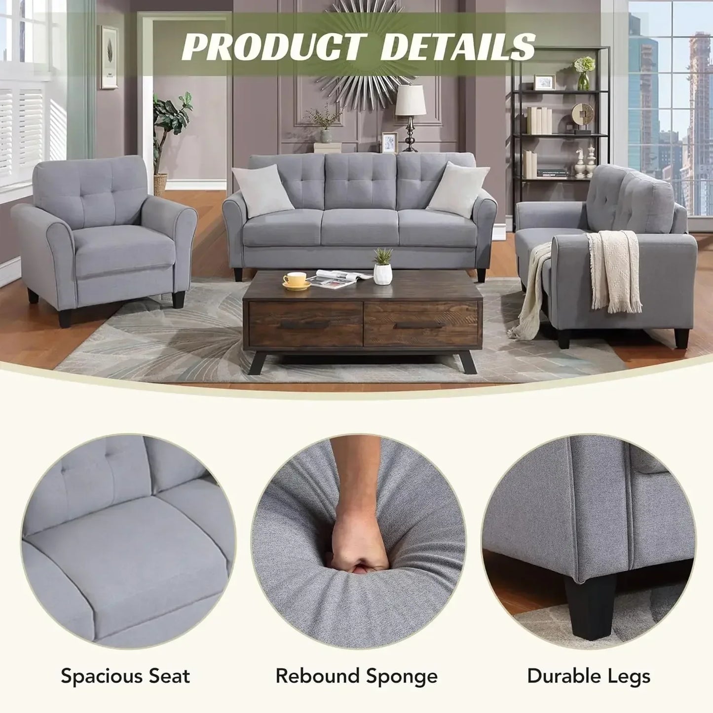 [Best Seller!]3-Piece Living Room Sectional Sofa Set, Modern Style Button Tufted Linen Loveseat & Sofa.