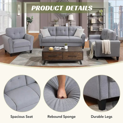[Best Seller!]3-Piece Living Room Sectional Sofa Set, Modern Style Button Tufted Linen Loveseat & Sofa.
