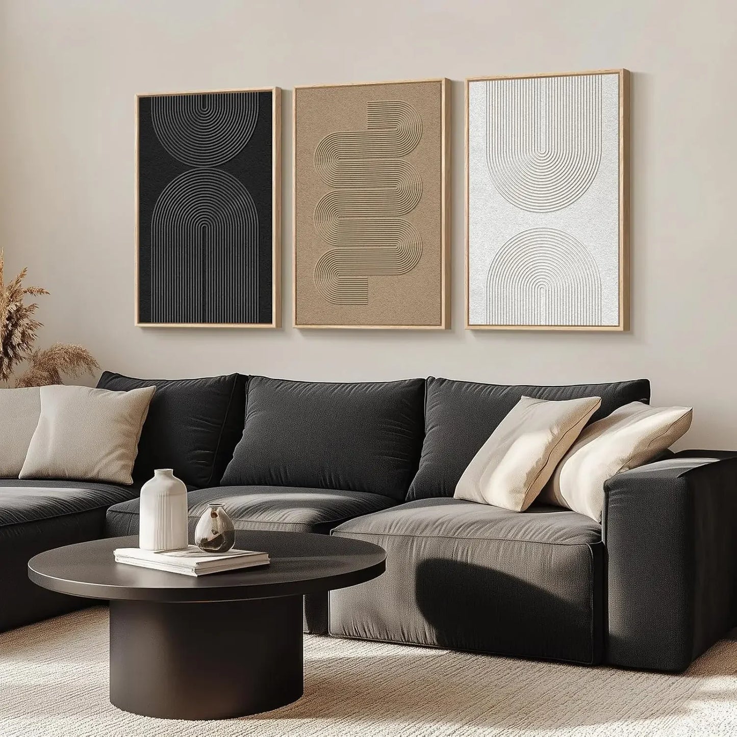 Large Framed Black and White Neutral Abstract Wall Art for Living Room, 3 Piece Boho Canvas Prints.