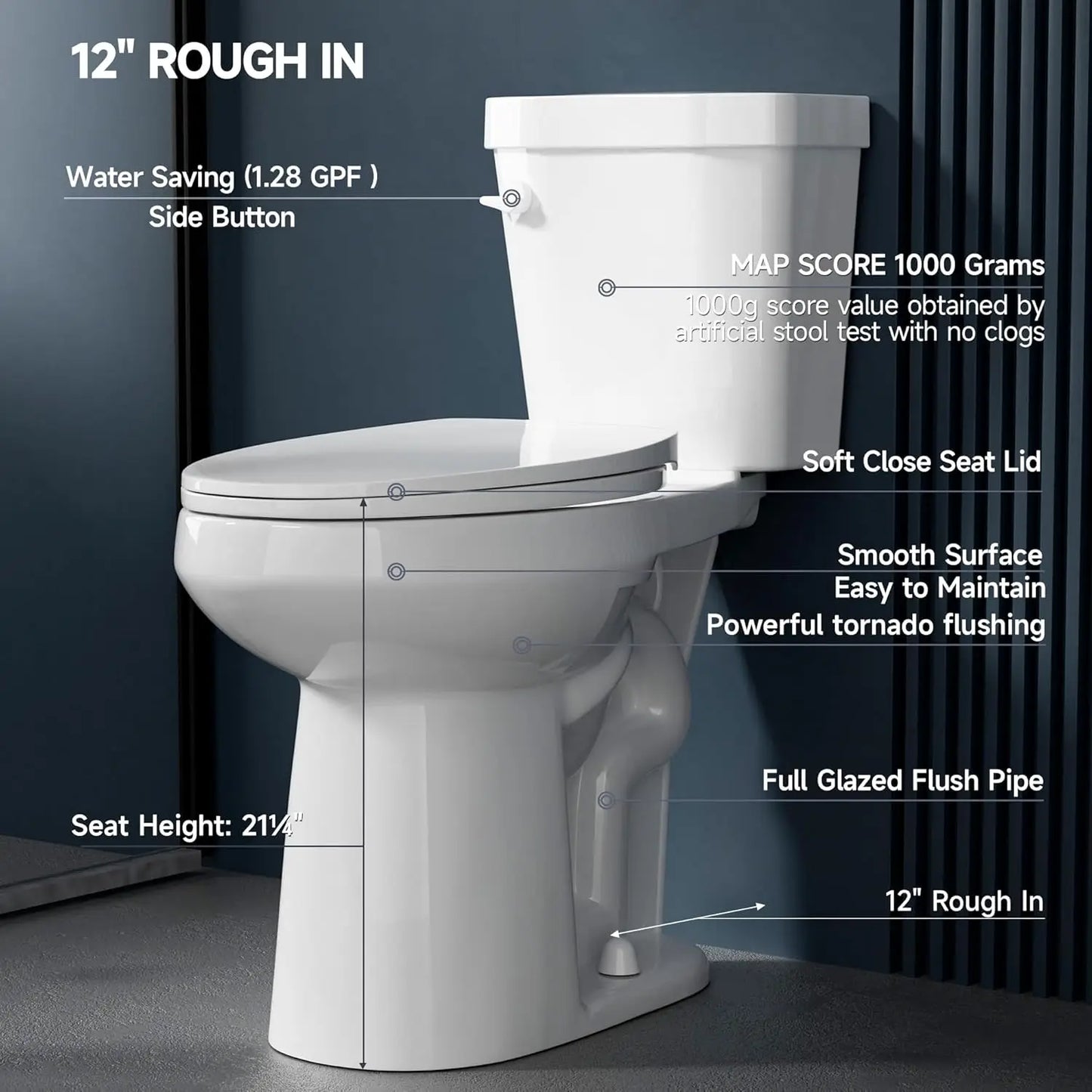 Elongated Extra Tall Toilet 21 Inch for Seniors 1.28 GPF Tornado Flush.