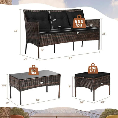 3-Piece Rattan Wicker Patio Sofa Set with 5 Cushions, Tempered Glass Top for Outdoor Living