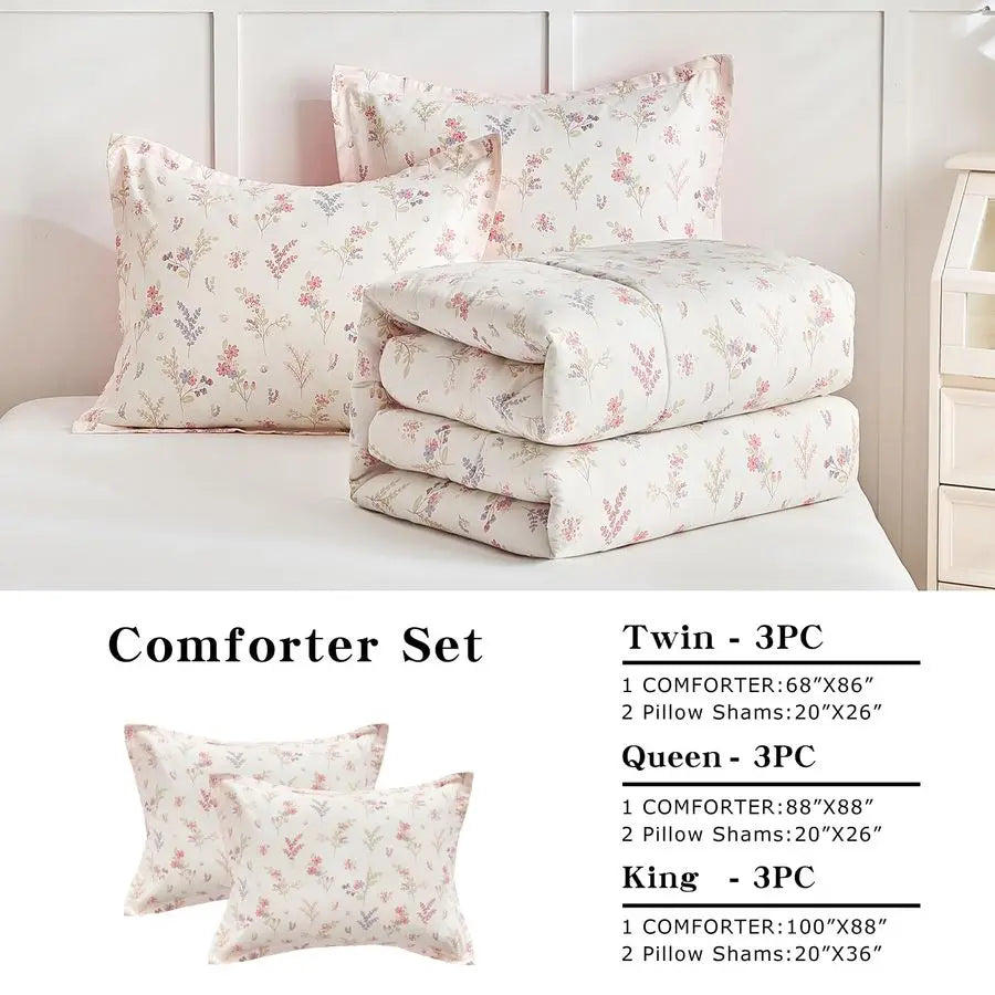 3pcs Cotton Comforter Set for Girls, Pink Floral Design, Twin Size Soft n Cozy Bedding Comforter Set.