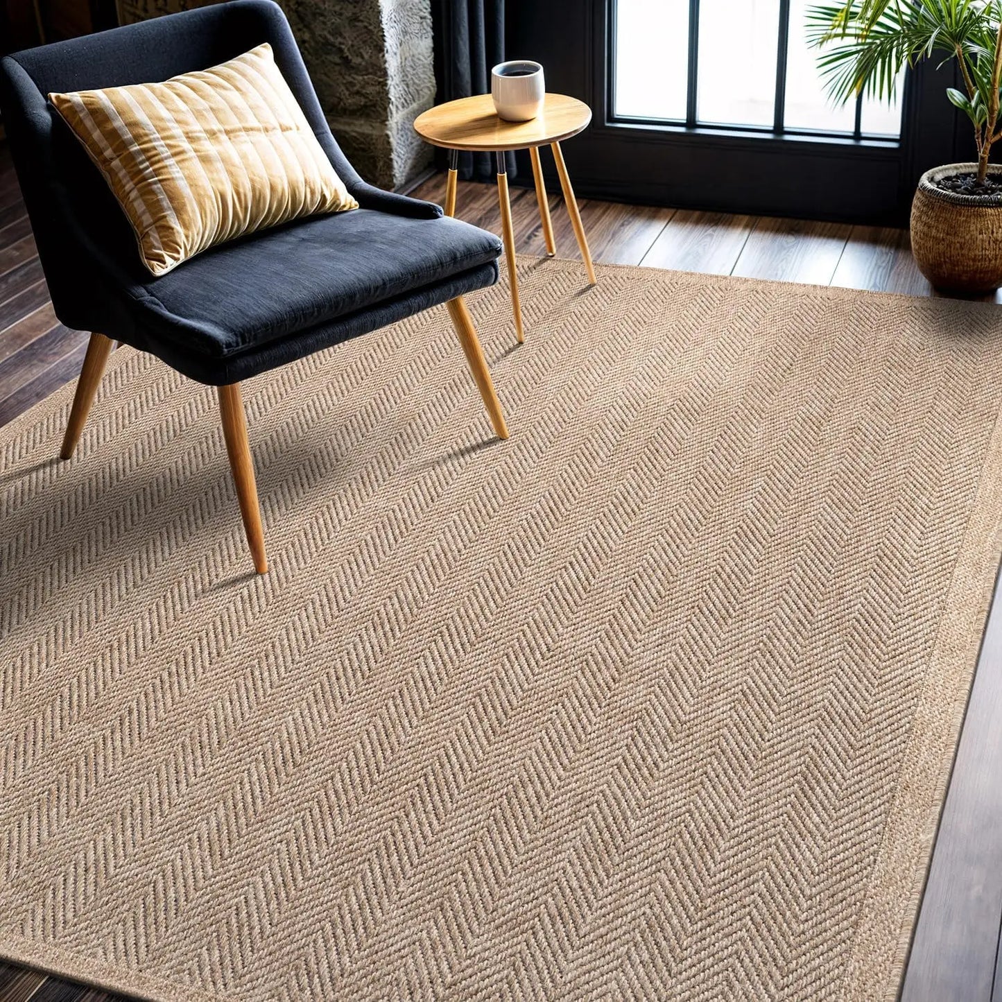 5x7 Natural Fiber Area Rug, Herringbone Seagrass Design for Indoor Outdoor Use in Living Room Patio