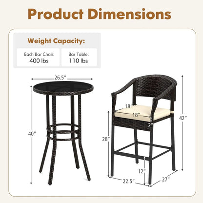 3-Piece Outdoor Bar Set - Patio Wicker Rattan Bar Height Barstools w/Cushions, Round Glass Top Table.