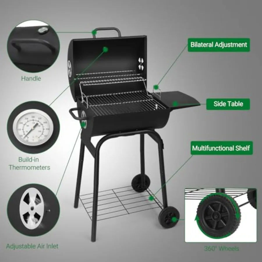 Barrel Charcoal Grill with Side Table, Wheels for Outdoor Cooking in Patio Backyard Durable Smoker Grill