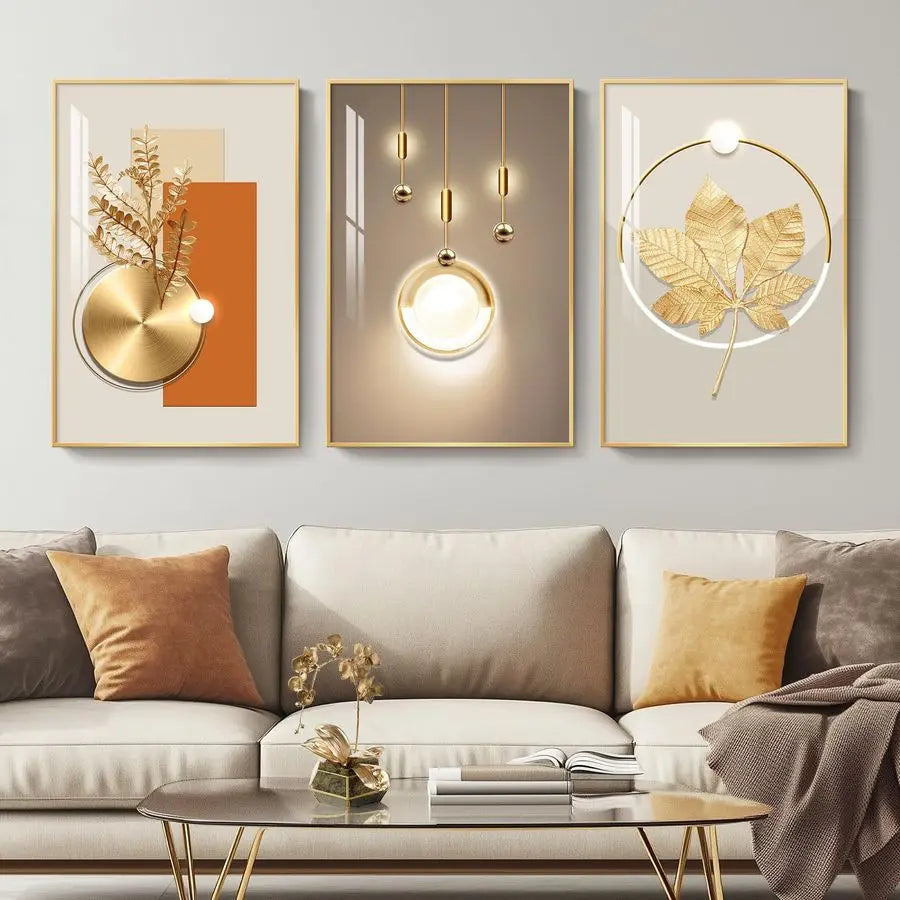 Modern Luxury Gold Wall Art, Set of 3 Piece Contemporary Paintings Artwork for Walls.