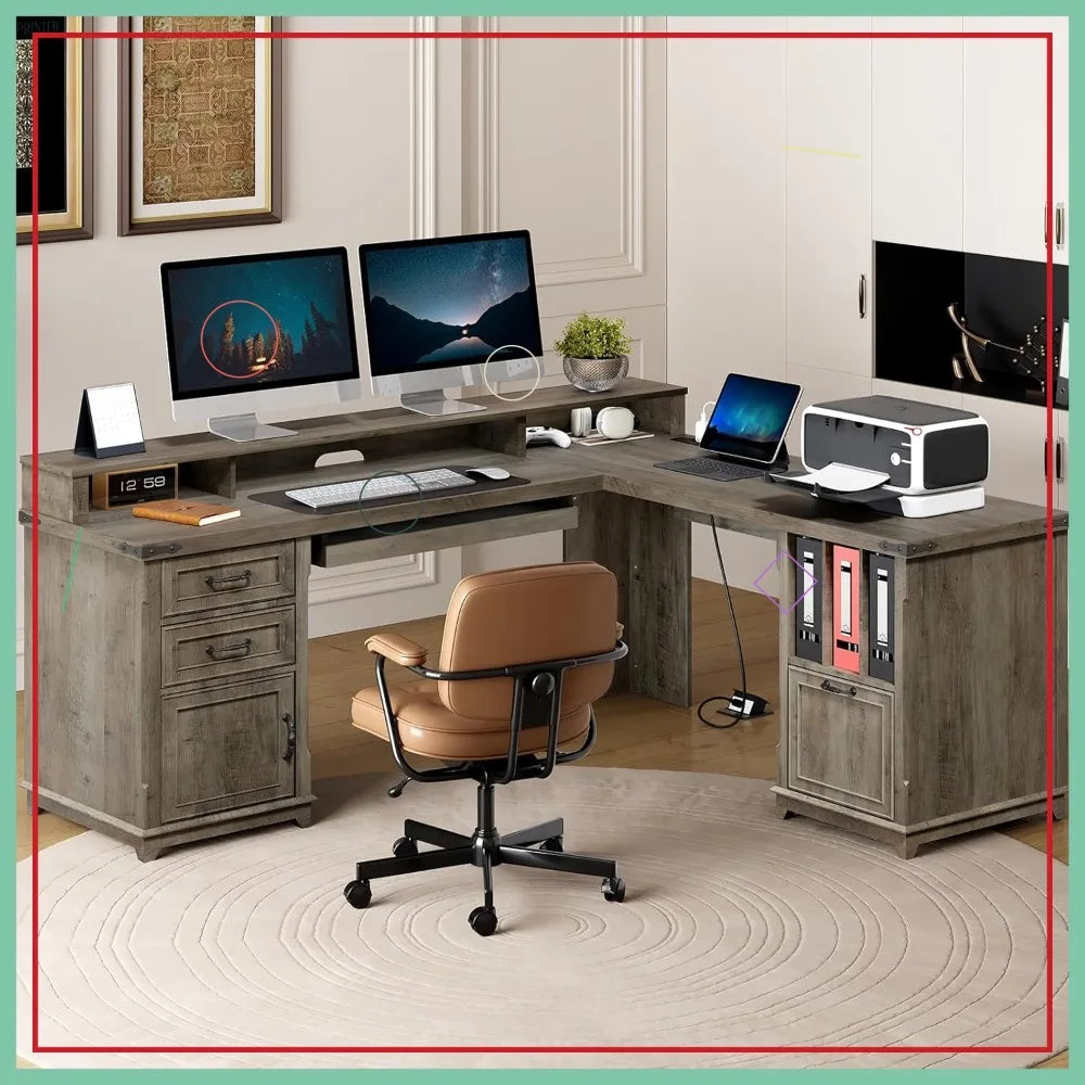 L-Shaped Corner Office Computer Desk with Charging Station, Monitor Stand, Drawers & Storage Cabinet.
