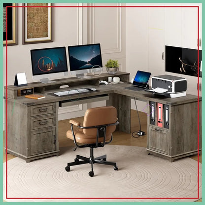 L-Shaped Corner Office Computer Desk with Charging Station, Monitor Stand, Drawers & Storage Cabinet.