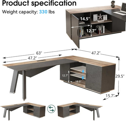 63in L-Shaped Executive Desk with 47" lateral File Cabinet/Storage Shelves Business Table Computer Home Office