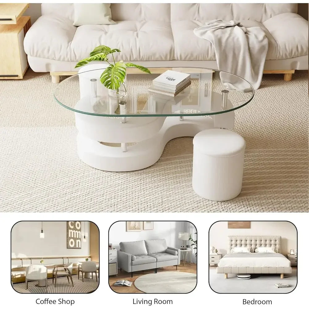 3-Piece Glass Coffee Table Set with Tempered Glass Top and S-Shaped Base, Including 2 Leather Stools.