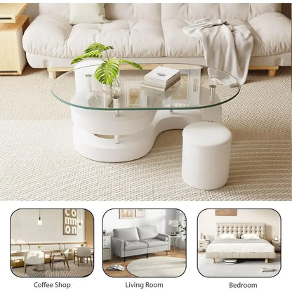 3-Piece Glass Coffee Table Set with Tempered Glass Top and S-Shaped Base, Including 2 Leather Stools.