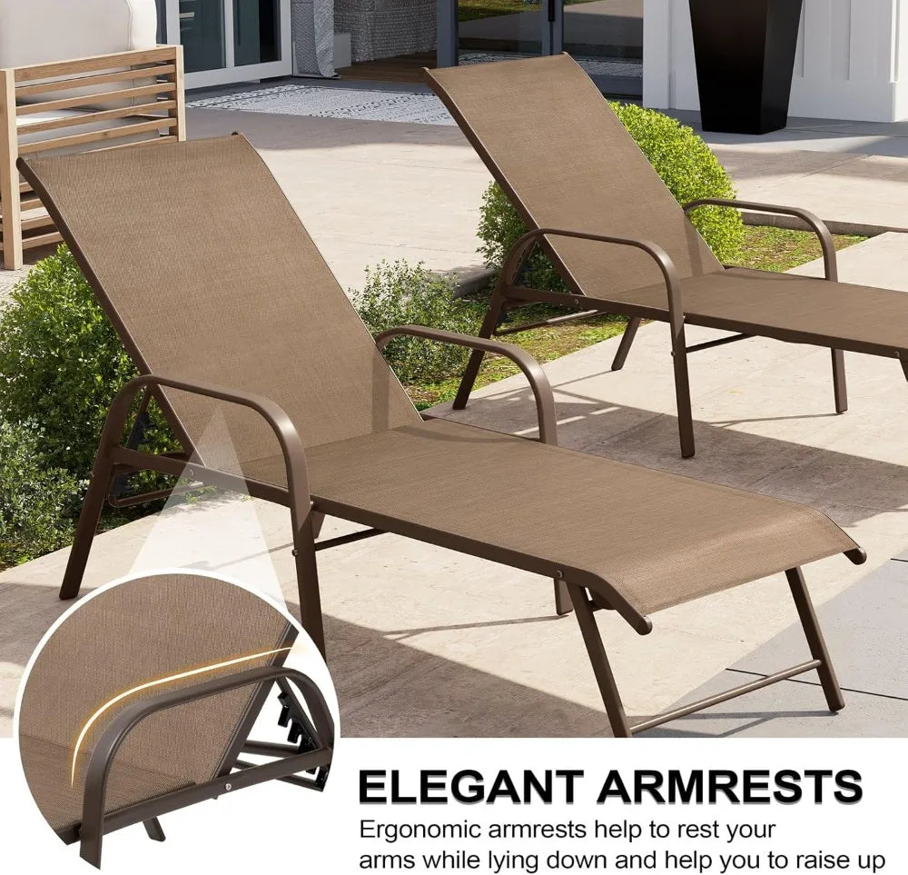 Outdoor Chaise Lounge Chair Set of 2, Adjustable 5 Positions, Aluminum Frame.