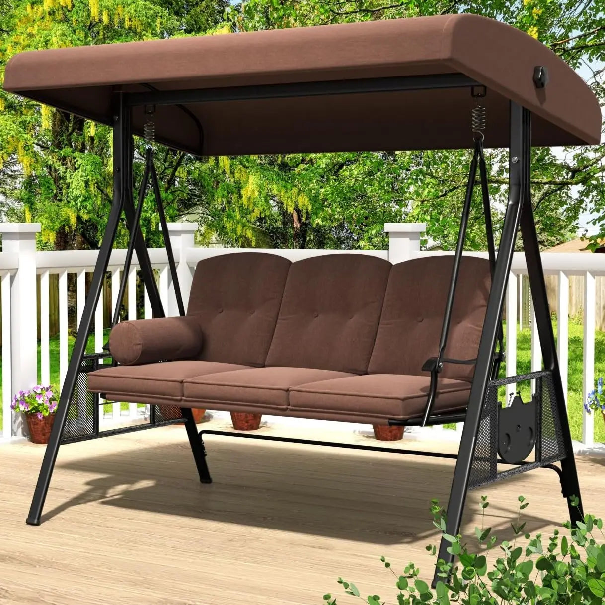 3-Seat Outdoor Porch Swing with Adjustable Canopy Removable, Adult Outdoor Swings for Porch.