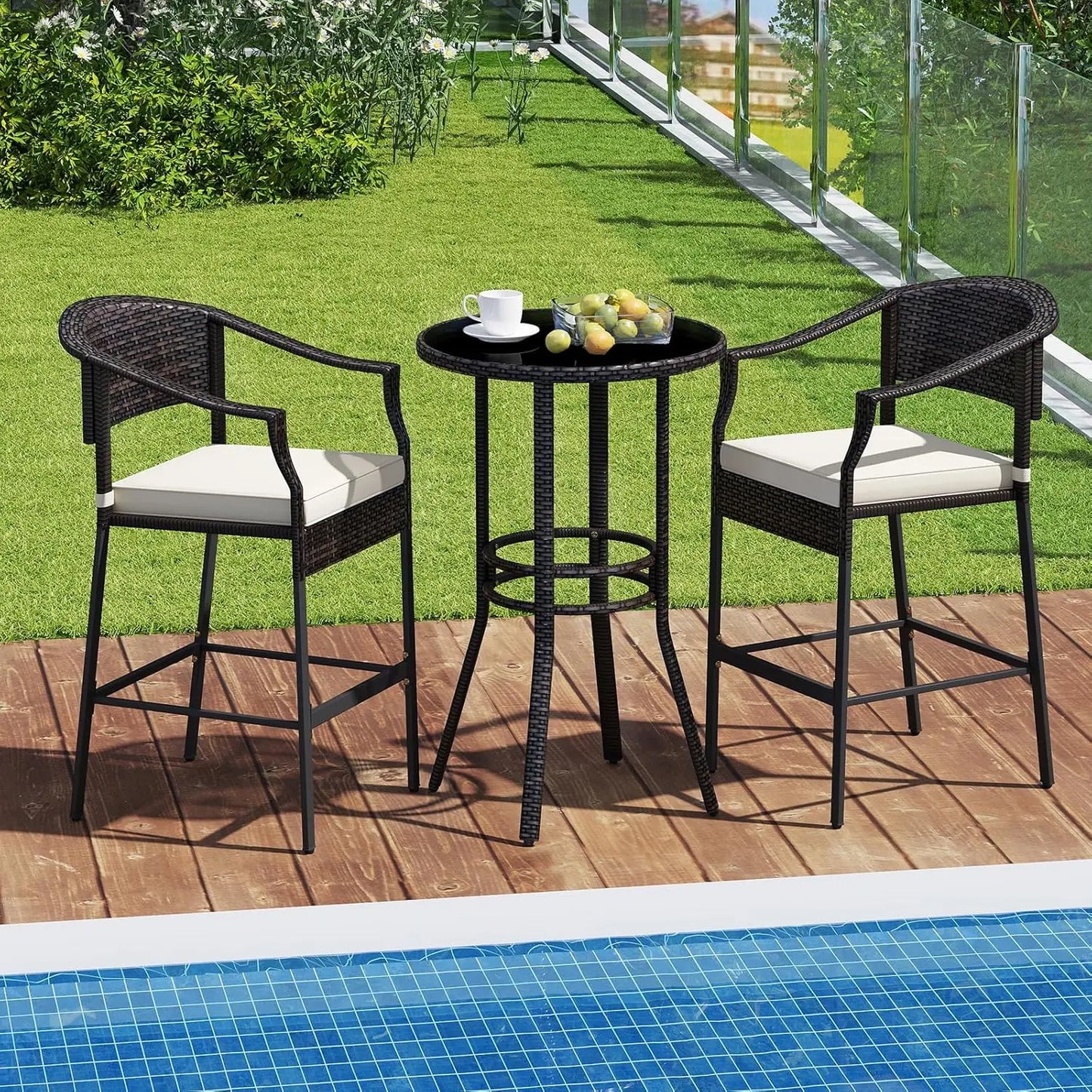 3-Piece Outdoor Bar Set - Patio Wicker Rattan Bar Height Barstools w/Cushions, Round Glass Top Table.