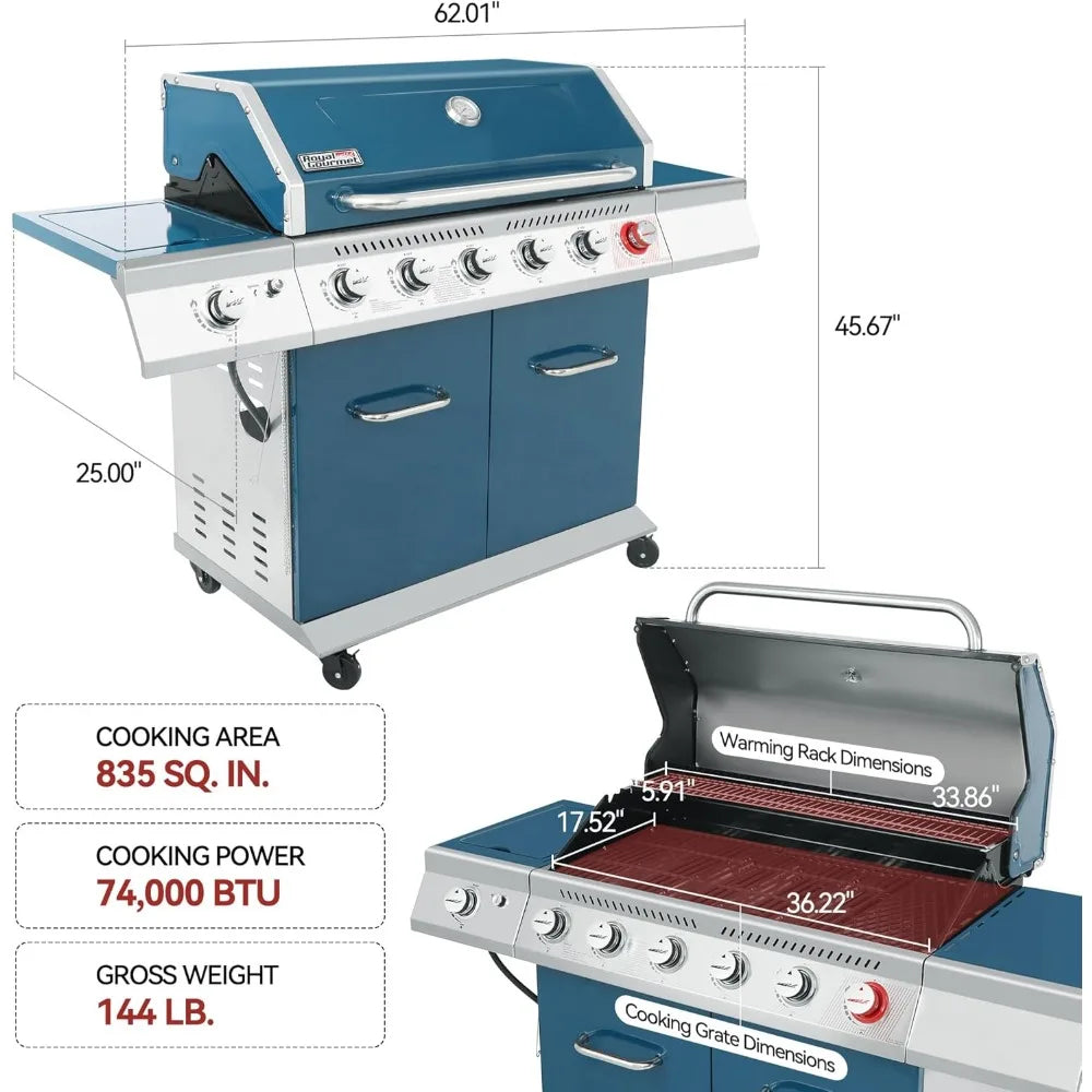 Royal Gourmet GA6402B 6 Burner Propane Gas Grill with Side Burner and Warming Rack, Cabinet Style Gas BBQ Grill
