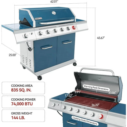 Royal Gourmet GA6402B 6 Burner Propane Gas Grill with Side Burner and Warming Rack, Cabinet Style Gas BBQ Grill