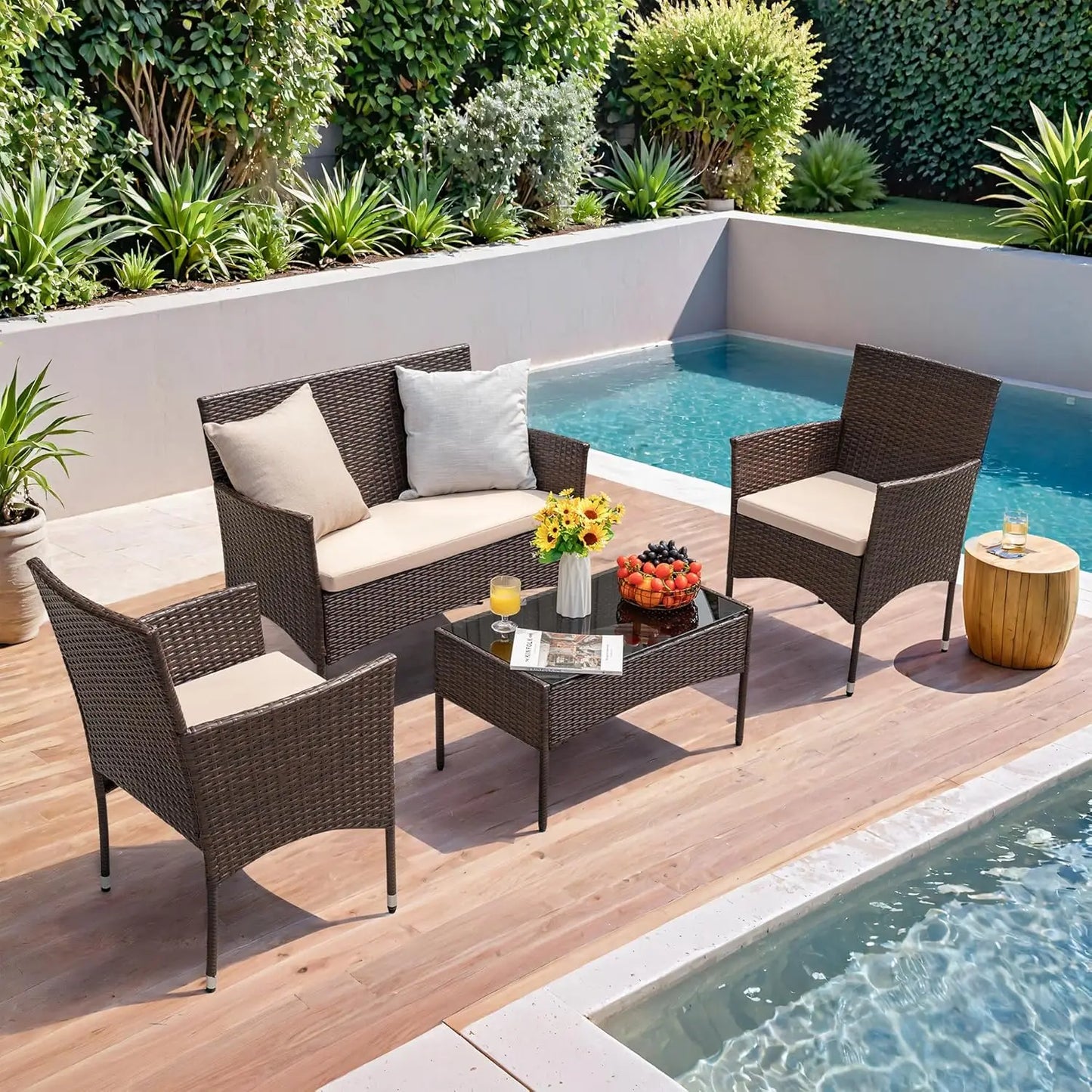 4 Pieces Outdoor Patio Furniture Wicker Set, Outdoor / indoor & Backyard Porch.
