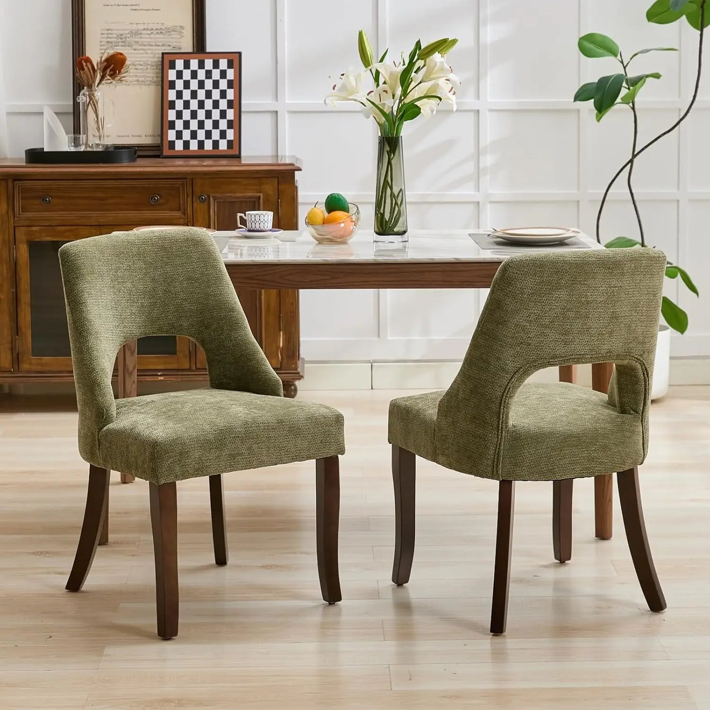 Wooden Dining Chairs Set of 4, Mid Century Modern Chenille Upholstered.