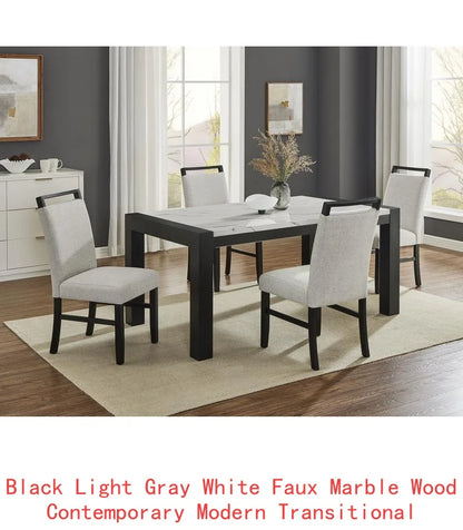 Contemporary 7pc Dining Set with White Faux Marble Rectangular Table and Full Back Upholstered Chairs.