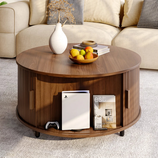 Round Coffee Table with Storage,31.5" 360° Curved Sliding Door, Fluted Wood Accent Coffee Table