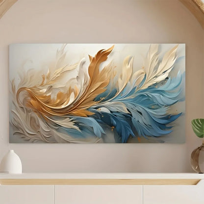 Modern abstract gold feather canvas art, interior decoration, pine solid wood frame.