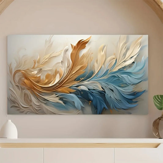 Modern abstract gold feather canvas art, interior decoration, pine solid wood frame.