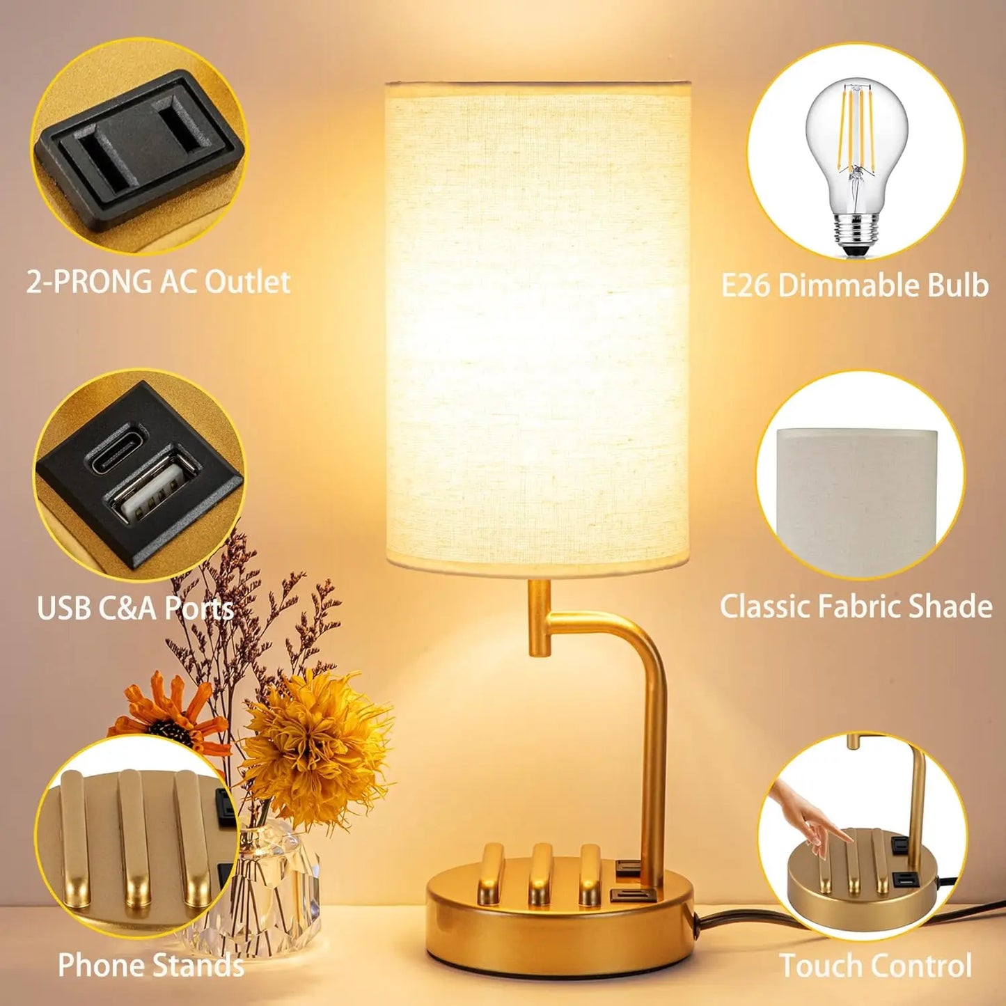 Touch Control USB Table Lamp with Dimmable LED, USB C/A Charging Ports.