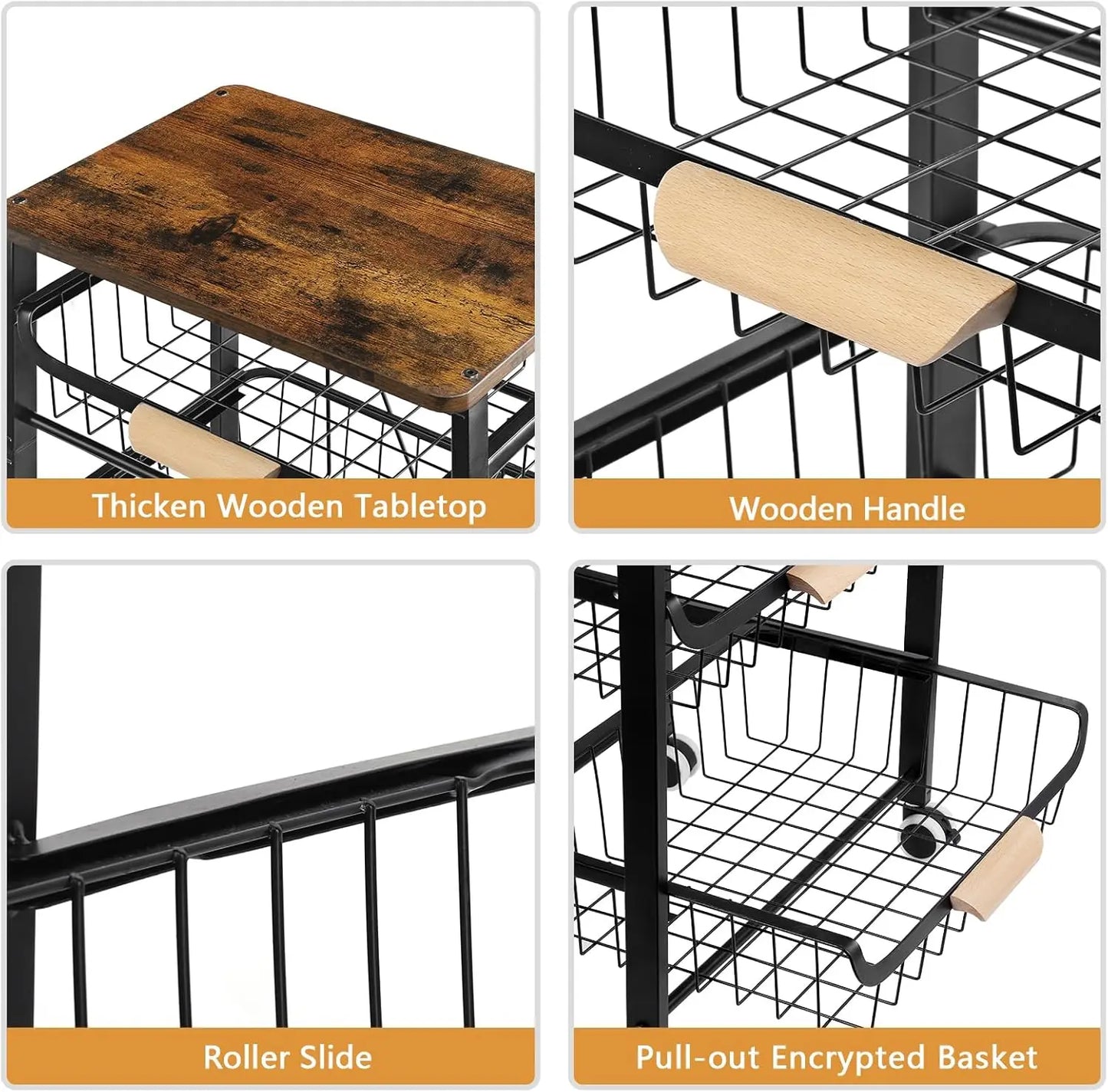 5-Tier Rolling Kitchen Cart with Wooden Top, Metal Mesh Baskets for Storage & Wheels.